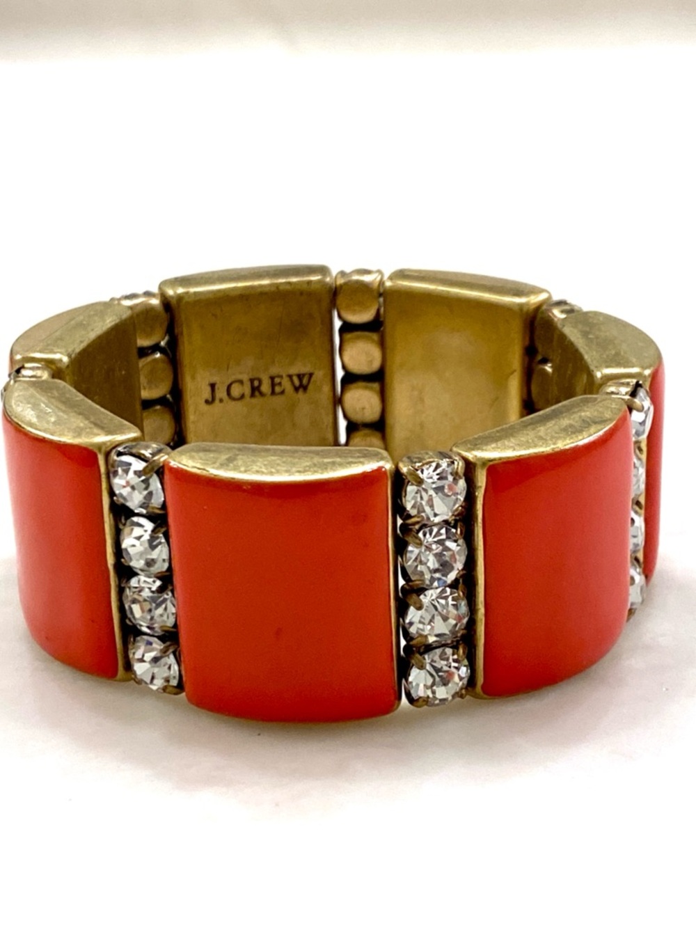 J. Crew Chunky Orange Coral Enamel Rhinestone Stretch Bracelet Gold Tone